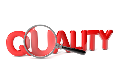 放大鏡檢查'QUALITY'單詞的插圖，表現(xiàn)上海駿材制定執(zhí)行嚴格產(chǎn)品質(zhì)量標準